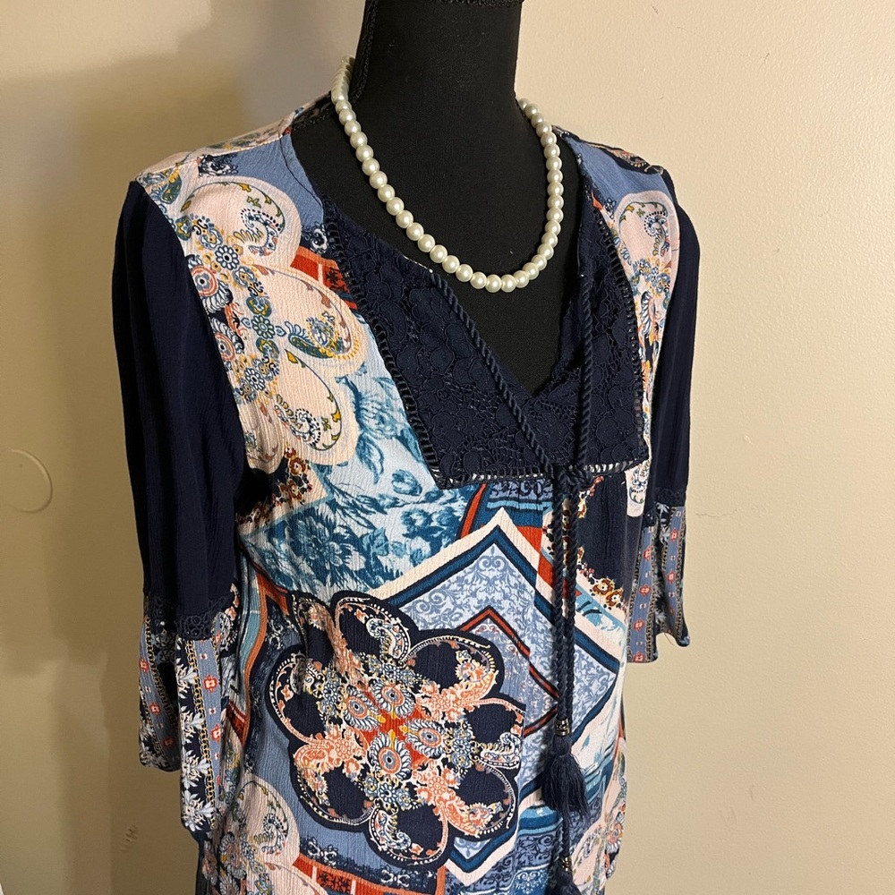 EST. 1946 Bohemian Patchwork Blouse with Navy Accents